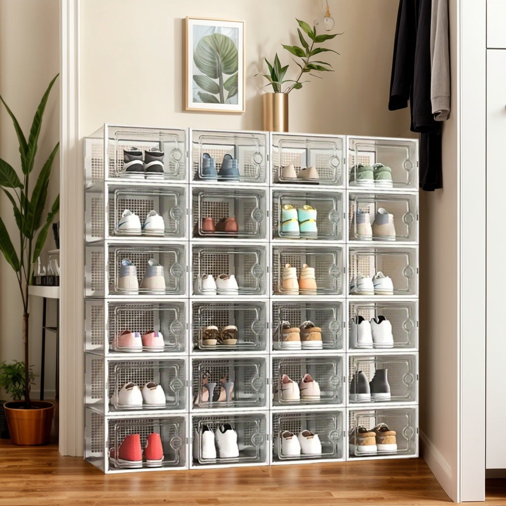 Stackable Foldable Shoe Cabinet with Transparent Doors Dust-Proof Multi-Layer Storage