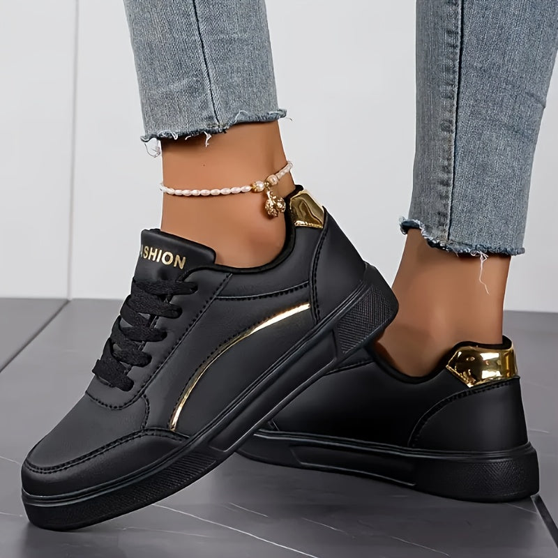 Women's Breathable Skate Sneakers Lightweight Casual Shoes Black Gold