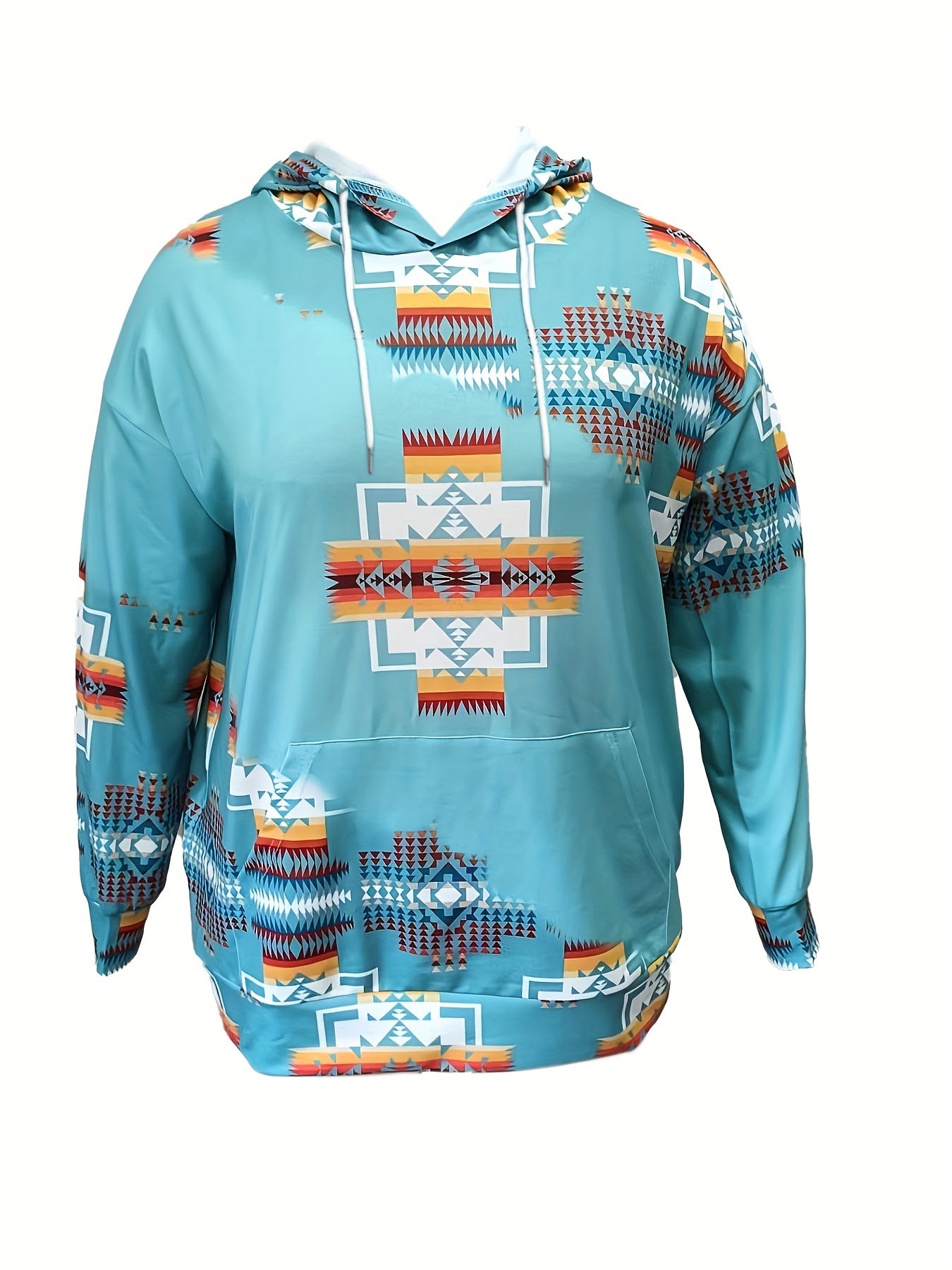 Plus Size Women Hoodie Casual Patchwork Digital Print Pullover with Pockets