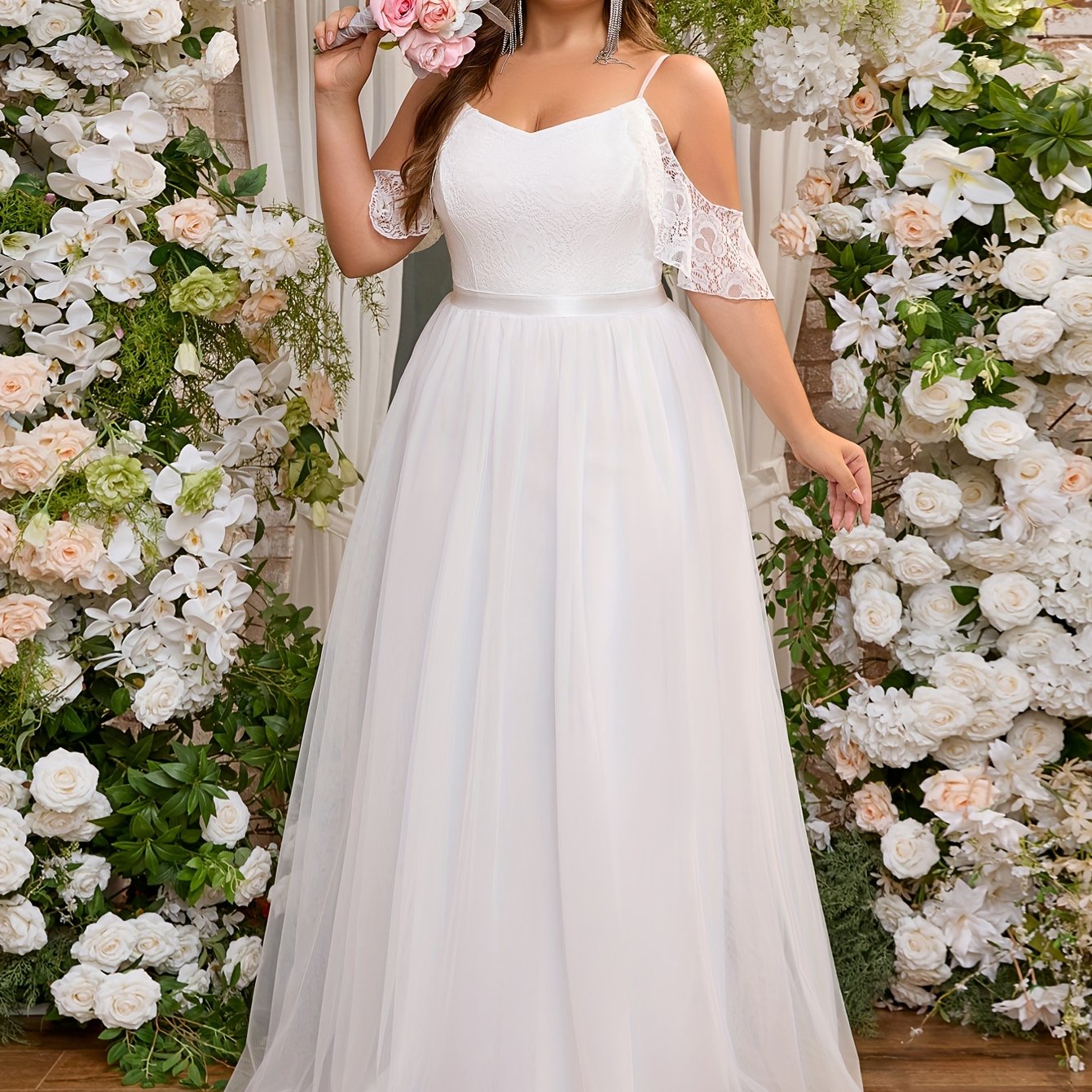 Plus Size Cold Shoulder Lace Wedding Dress Short Sleeve Party Evening