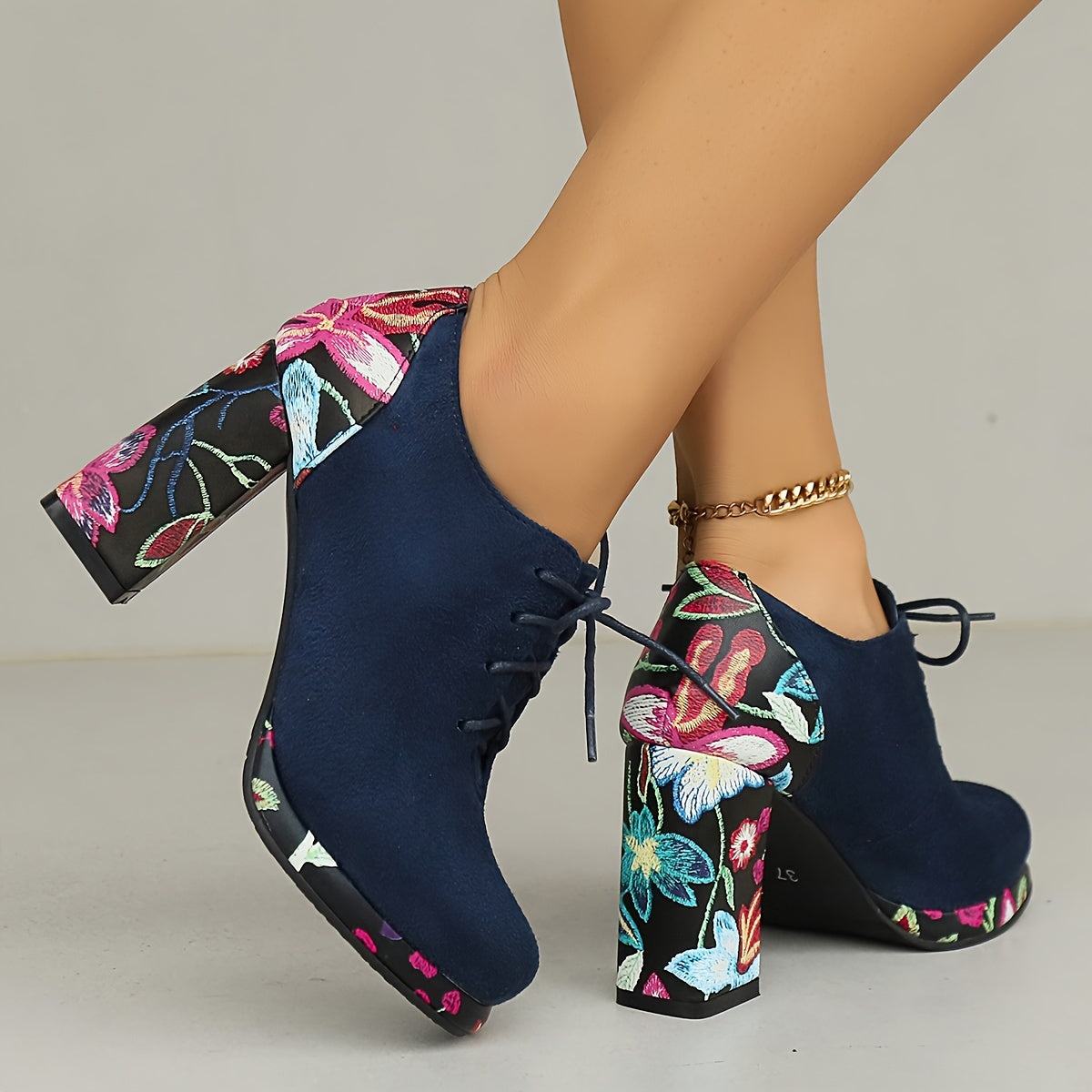 Women's Ankle Boots Fabric Platform Lace-Up Chunky Heel Black Floral Navy Red