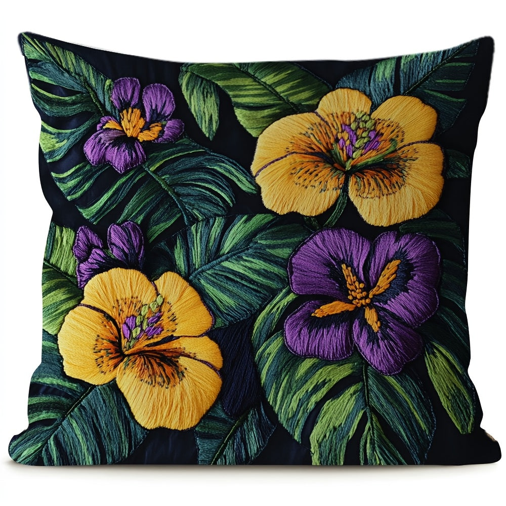Square Pillow Cover with Tropical Floral Embroidery Polyester Zipper Closure for Home or Office Decor