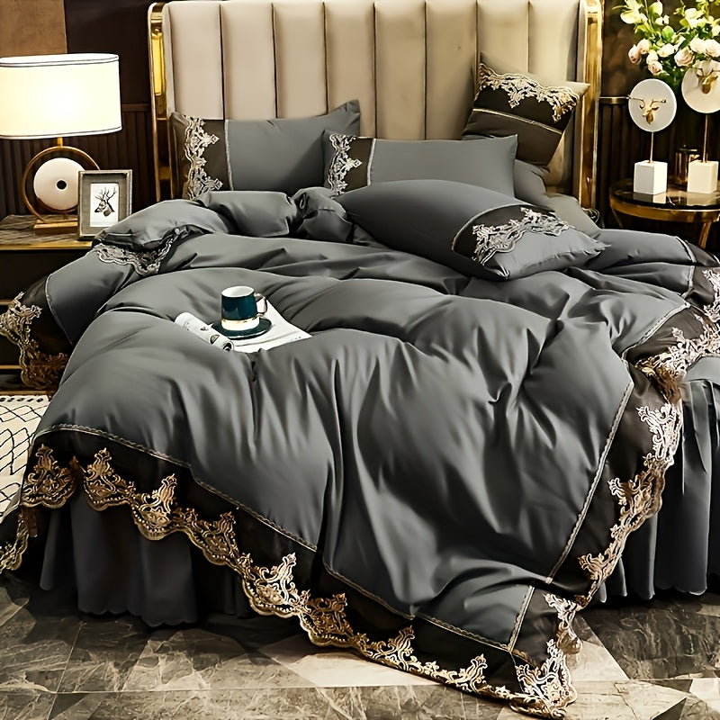 Luxury Polyester Duvet Cover Set with Golden Lace Accents, Solid Color, Zipper Closure