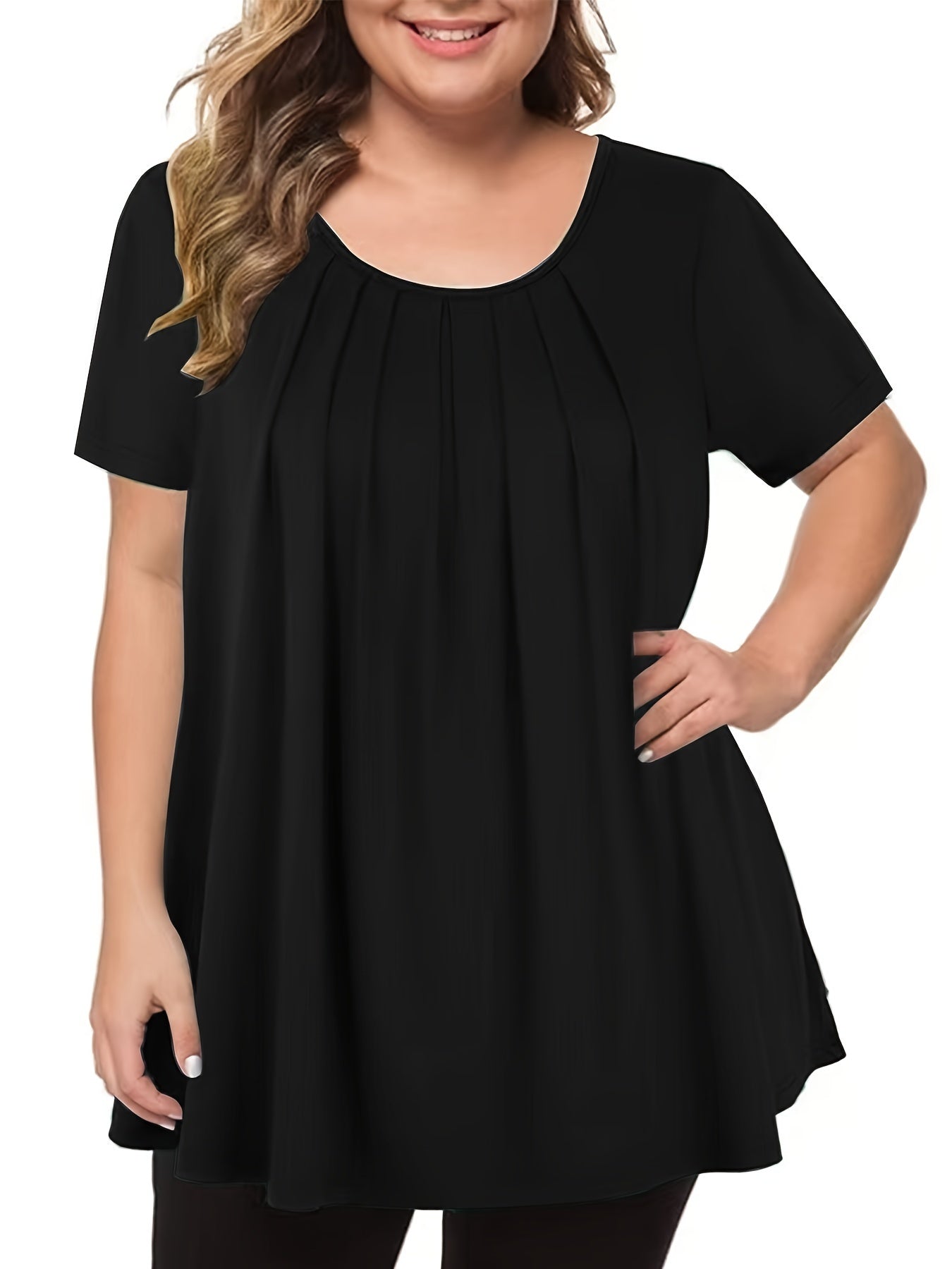 Plus Size Women's Loose Fit Crew Neck Top with Ruched Bust Polyester Knit All Season