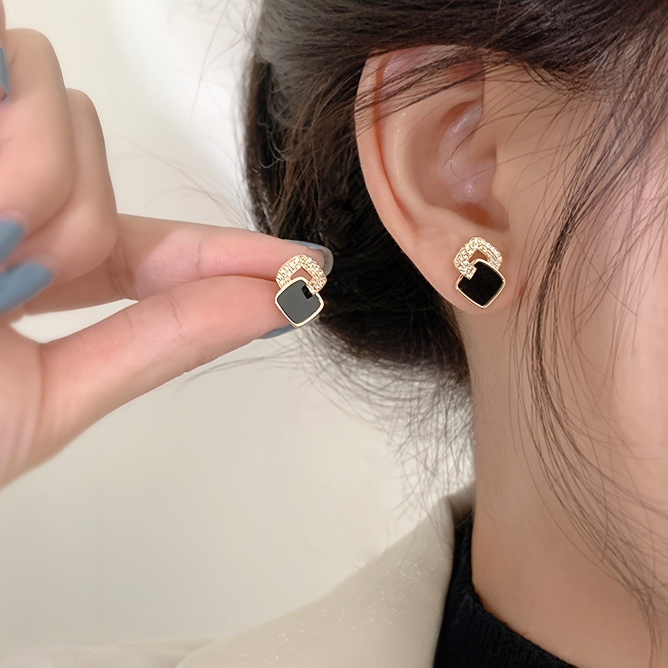 Women Black Square Stud Earrings Micro Pave Zinc Alloy Glass Accents