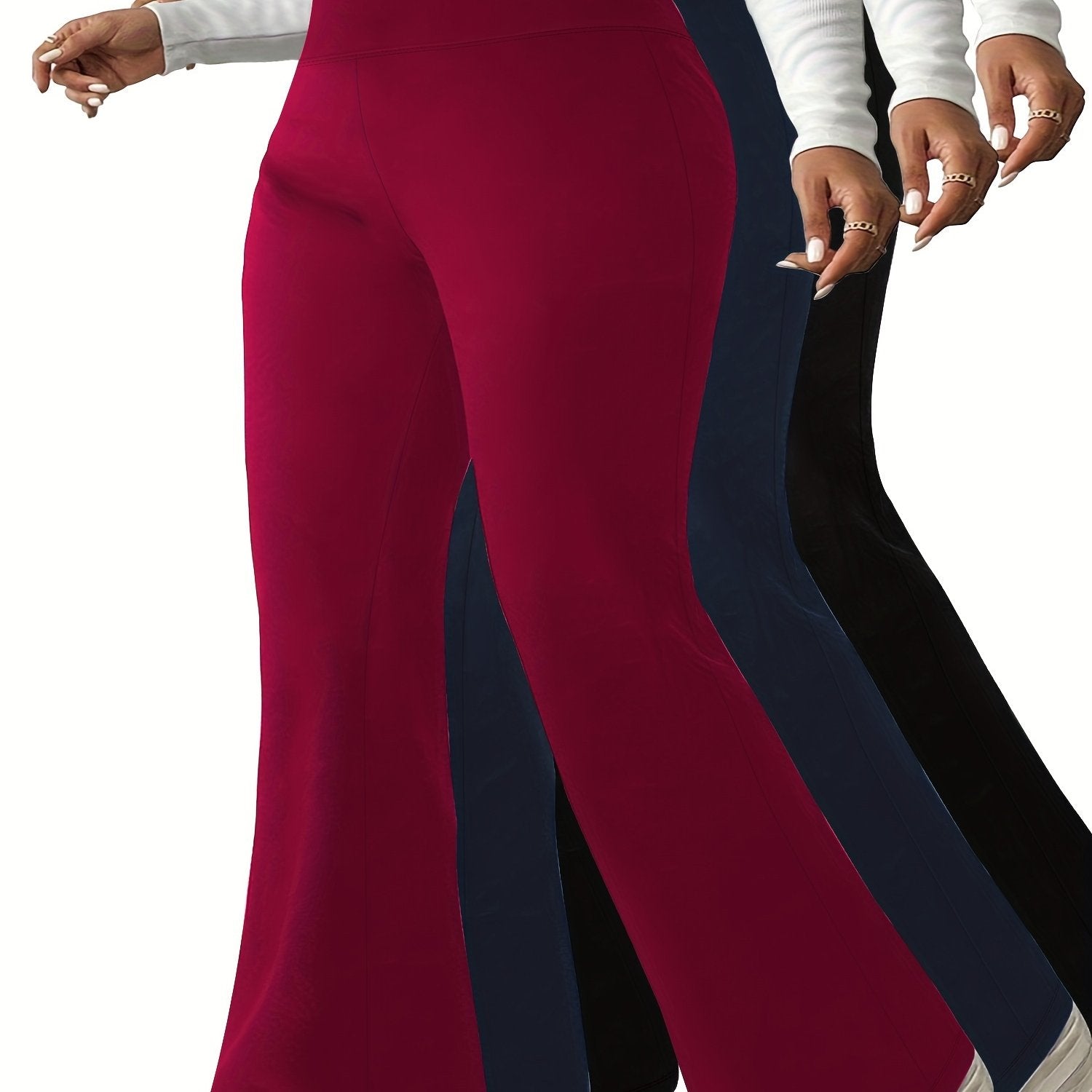 Women Stretchy High-Waist Flare Pants 3-Pack Tummy Control Black Red Navy