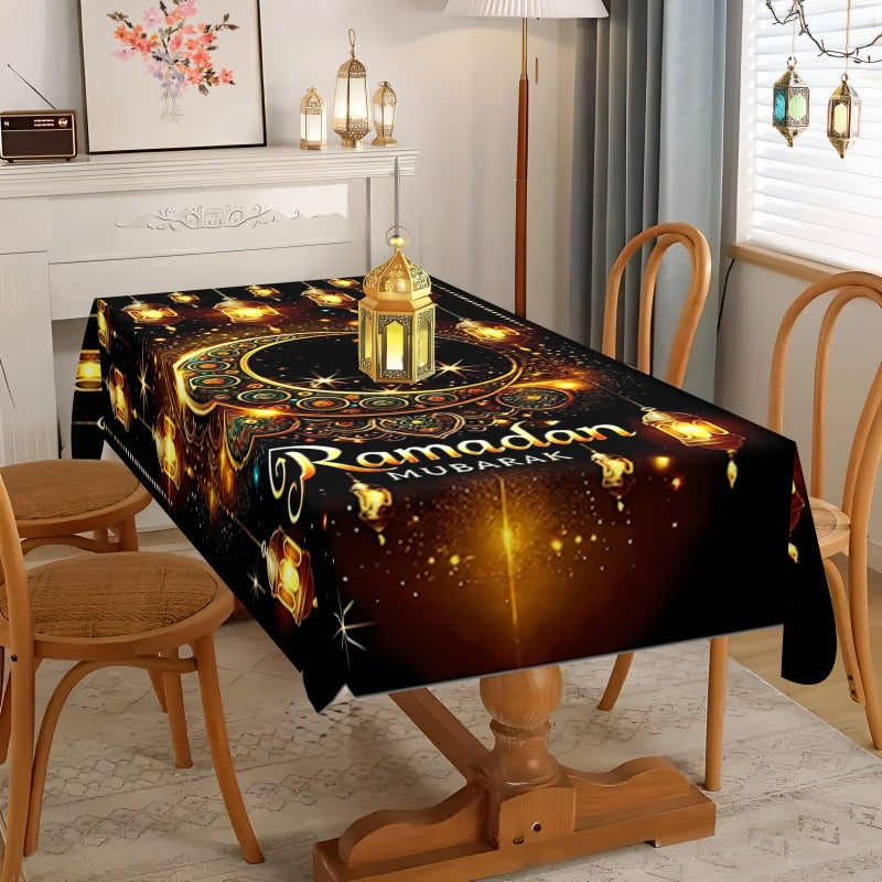 Elegant Ramadan Mubarak Square Polyester Tablecloth with Ethnic Moon Print for Eid Celebrations and Home Decor