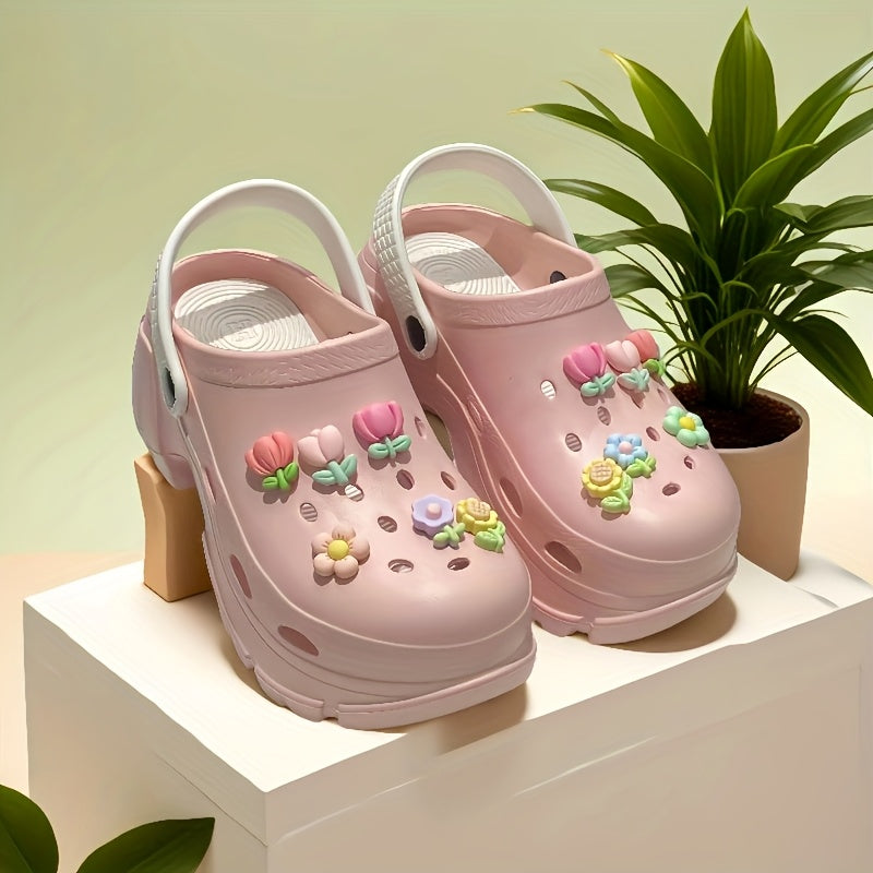 Women's Summer Plant-Themed Slip-On Shoes Pink White EVA Comfortable Casual