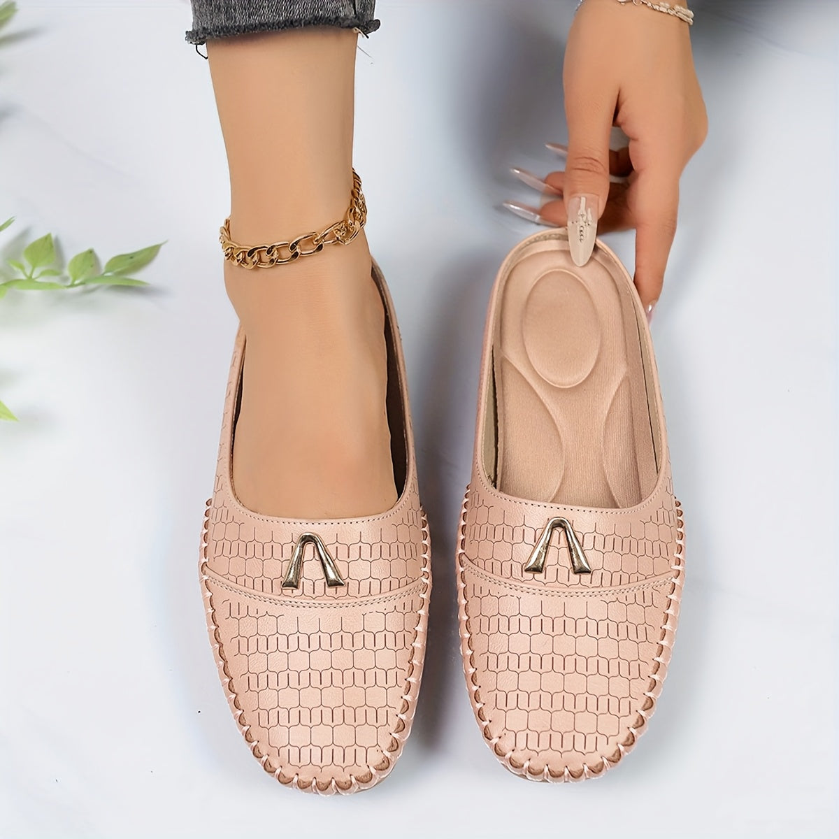 Women's Slip-On Mules Lightweight Flat Shoes with Metal Buckle