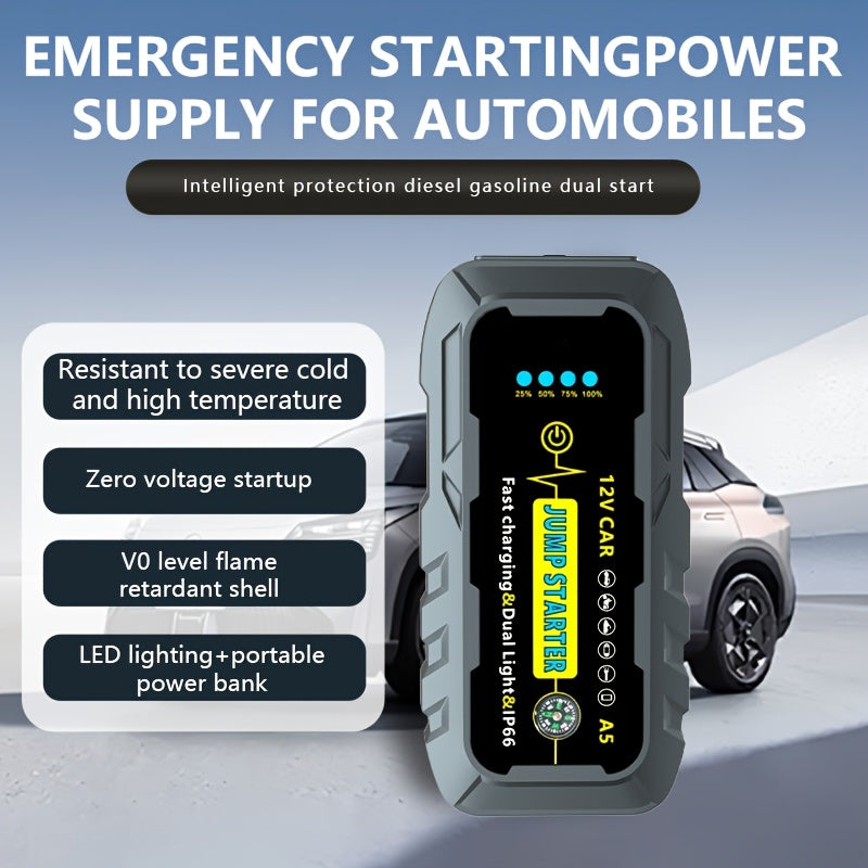 Portable 1000A Car Jump Starter with Dual USB Outputs, Safety Cables, Flashlight and Compass