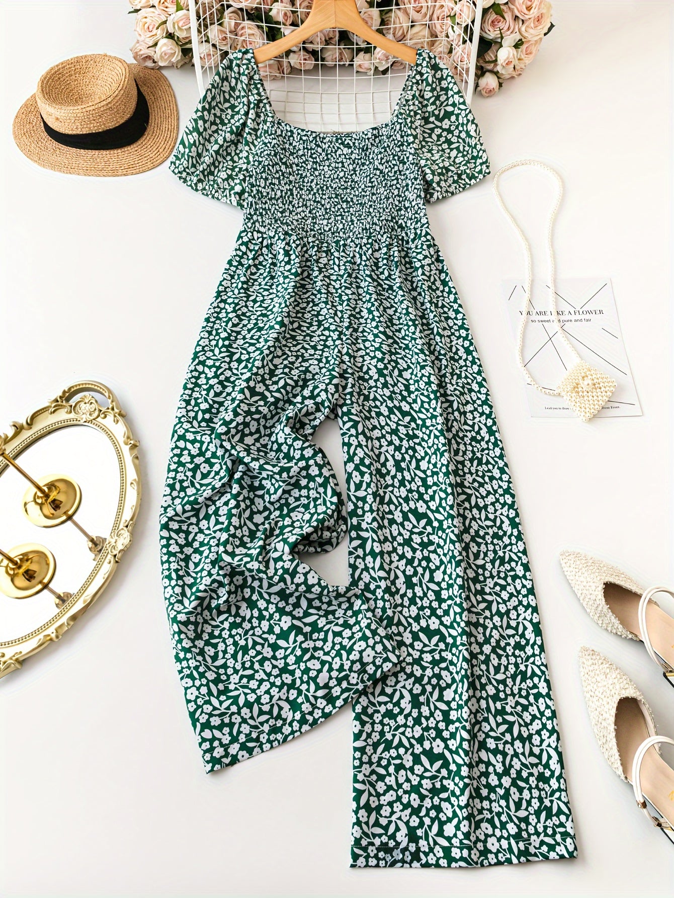 Plus Size Floral Jumpsuit Casual Short Sleeve Spring Summer Women