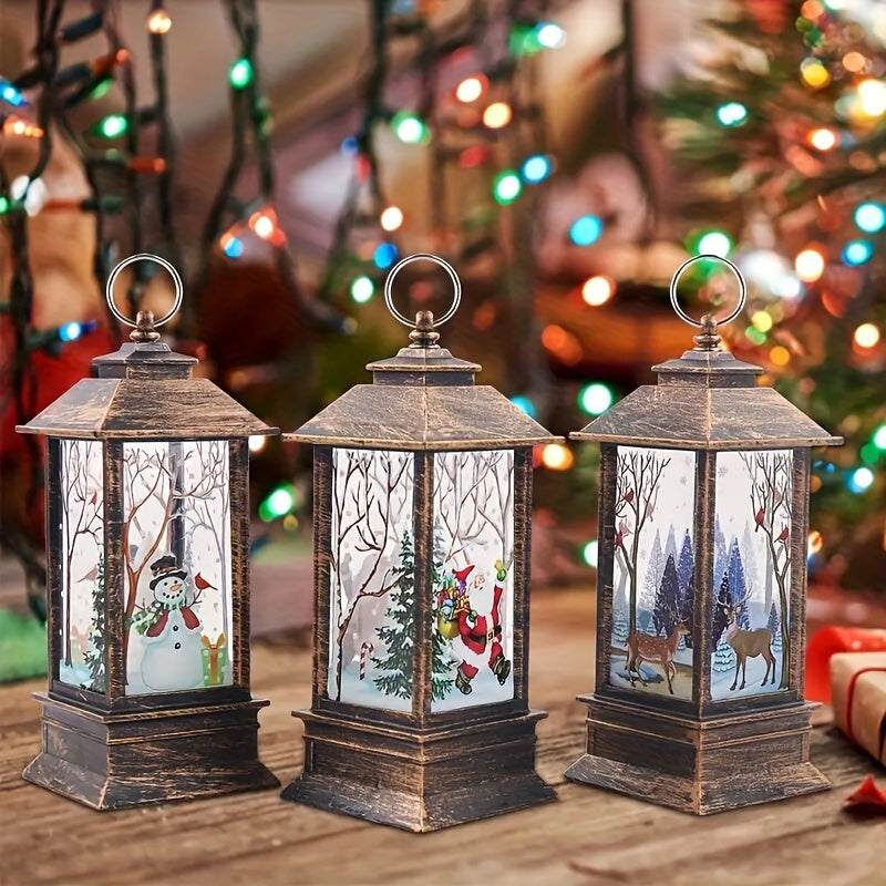 Christmas Lantern with Santa Elk and Snowman Patterns for Tabletop Decor