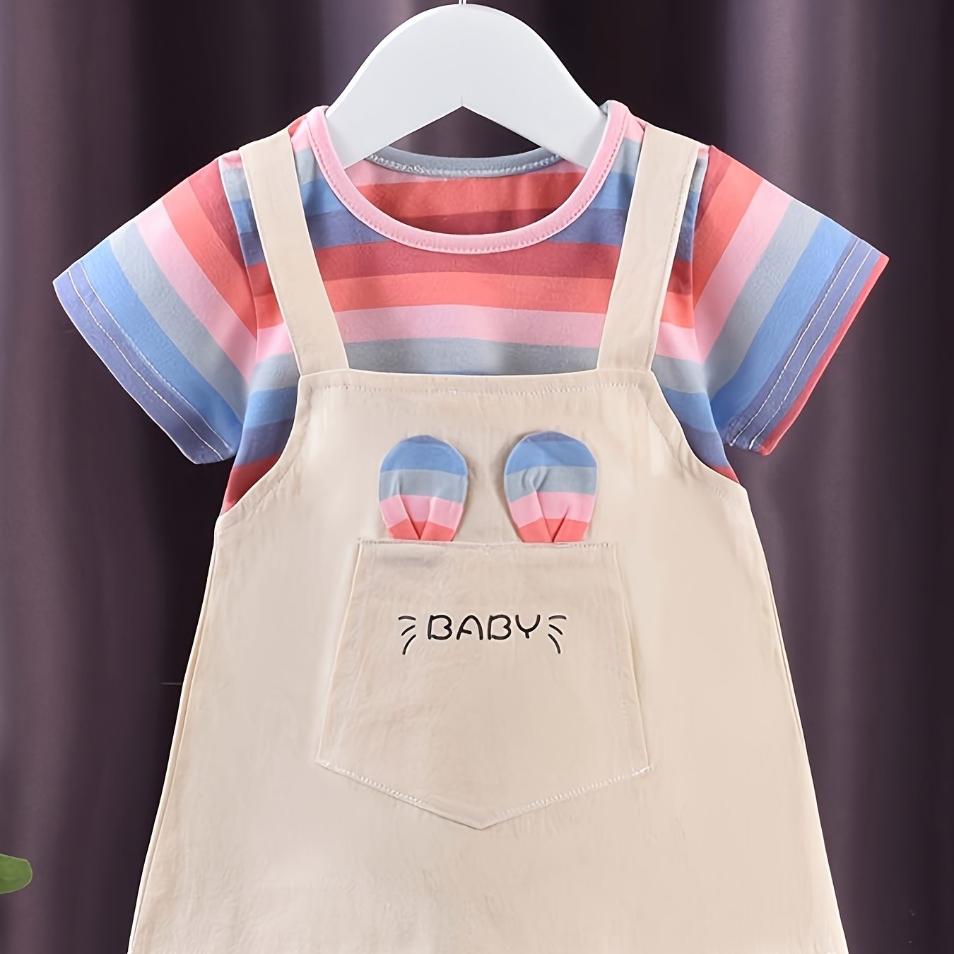 Baby Girl Summer Cotton Dress with Striped Short Sleeves Faux Two-Piece Knit Fabric Regular Fit