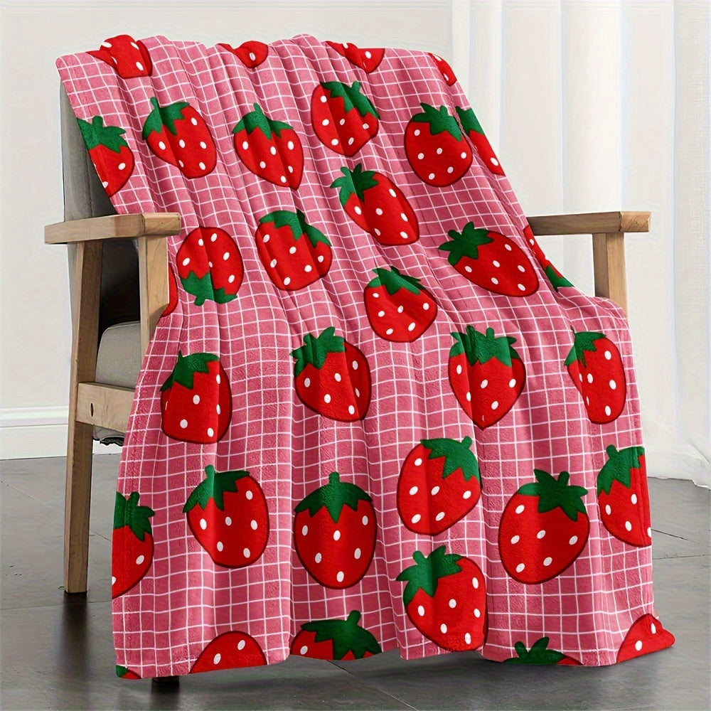 Strawberry Pattern Microfiber Flannel Throw Blanket All-Season Fruit Theme Woven Digital Print