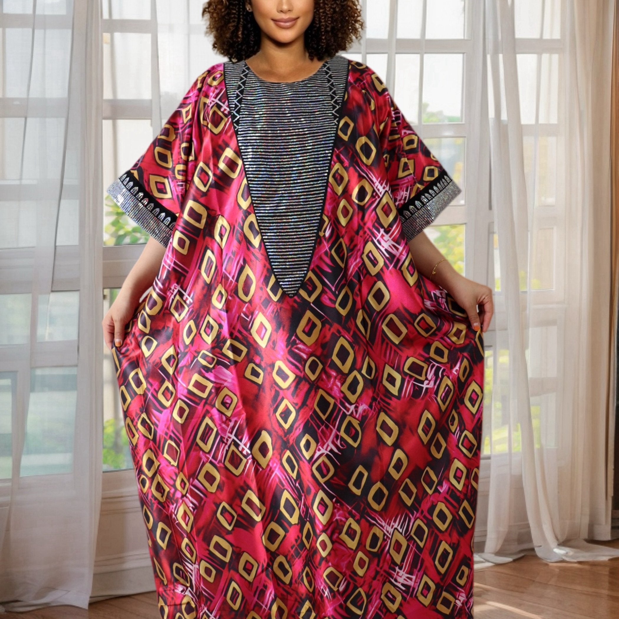 Plus Size African Lady Sequin Printed Satin Long Dress
