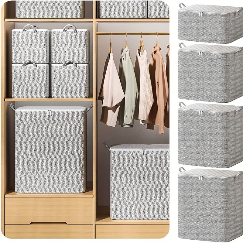 Large Fabric Storage Bags with Lids Handles Herringbone Pattern Multiple Sizes