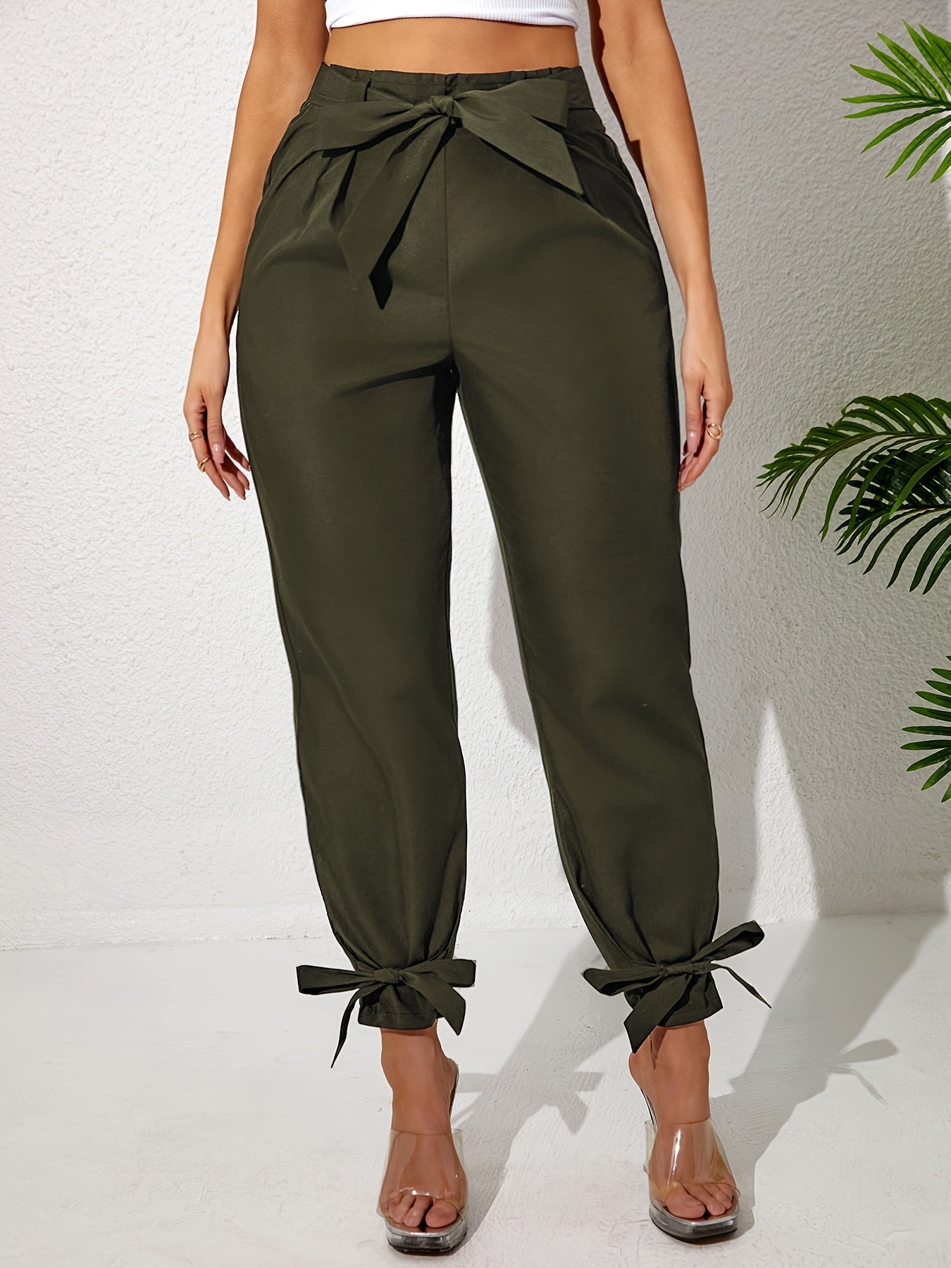 Plus Size Solid Straight Leg Pants with Elastic Drawstring Waist and Bow Detail for Spring and Summer