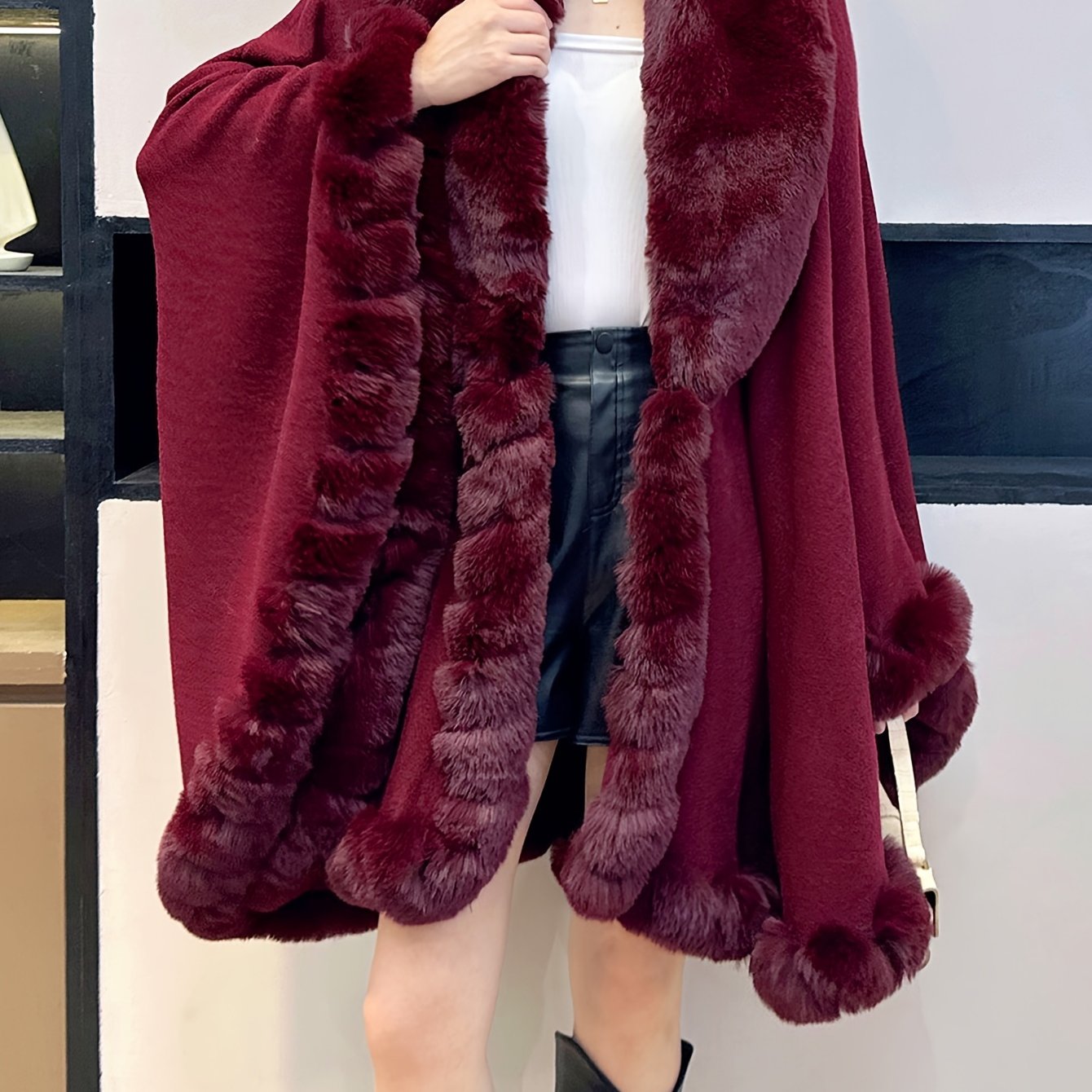 Plus Size Faux Fur Trim Cape for Women Fall Winter Open Front Shawl Solid Color