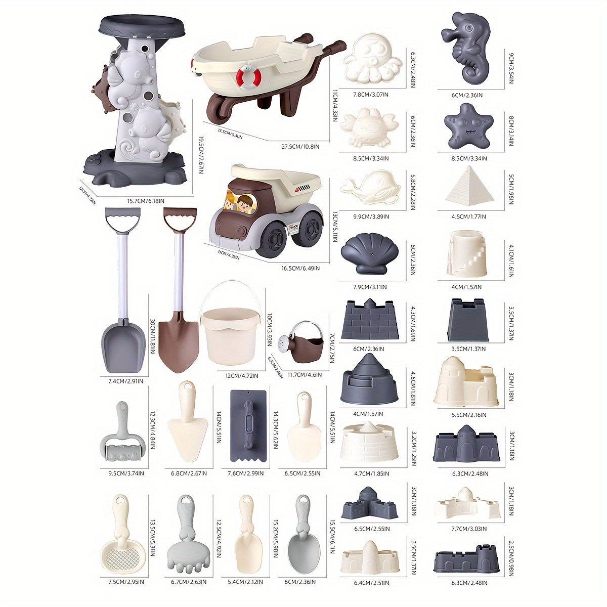 Детский набор пляжных игрушек с лопаткой, ведром, машинкой и башней в сером цвете для детей от 3 лет