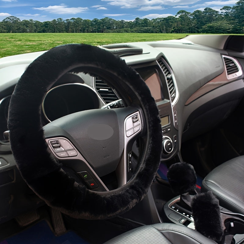 3pcs Winter Fur Plush Steering Wheel Covers Handbrake Gear Shift Fluffy Car SUV