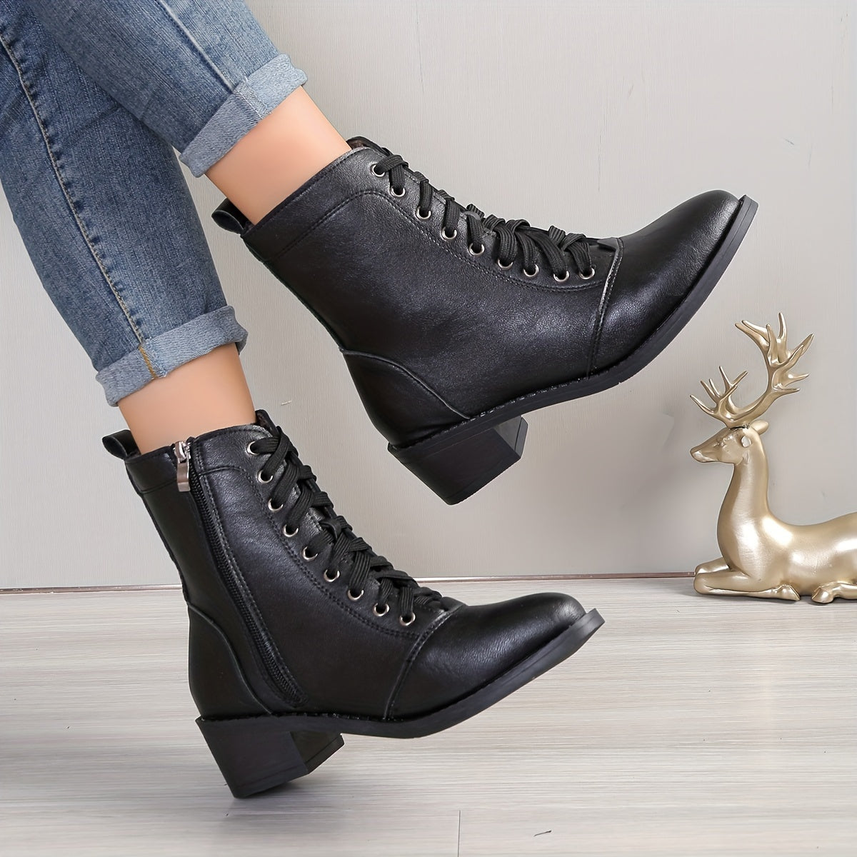 Women's Velvet Lined Mid-Heel Combat Boots with Side Zip and Chunky Heel