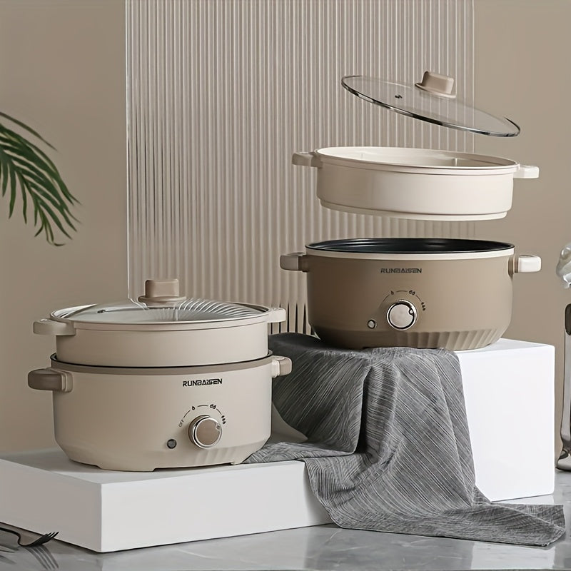 EU plug va ko'rinadigan shisha qopqog'iga ega ko'p funksiyali elektr bug'li pishirgich. Oshxona yoki yotoqxona uchun turli pishirish ehtiyojlari uchun ideal.