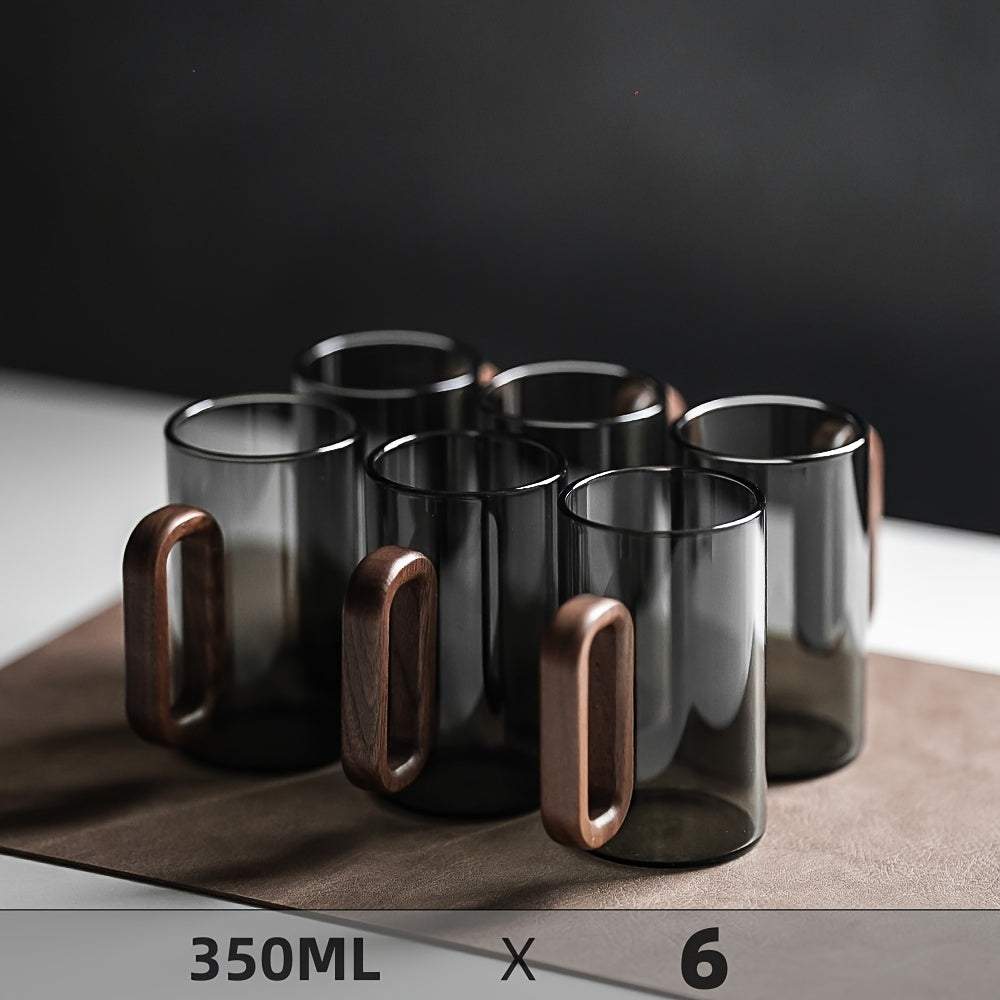 2/6 High Borosilicate Glass Water Cups with Smoke Green Wooden Handles and Black Walnut Tea Set