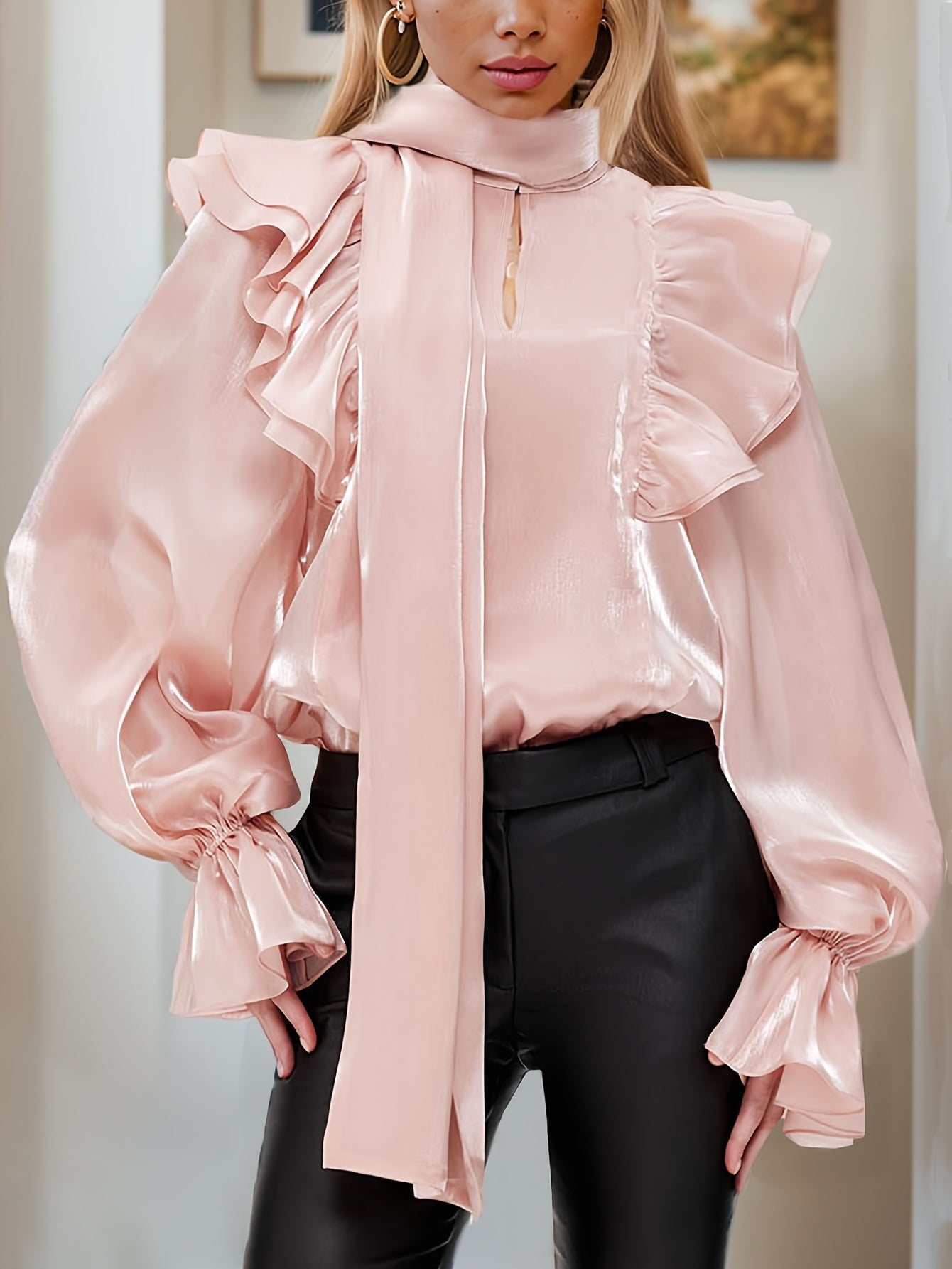 Women's Plus Size Ruffle Trim Mock Neck Blouse Long Sleeve Spring Fall