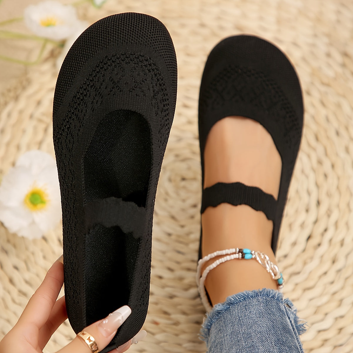 Women All-Season Knit Mary Jane Flats Solid Color Slip-On Round Toe Shoes