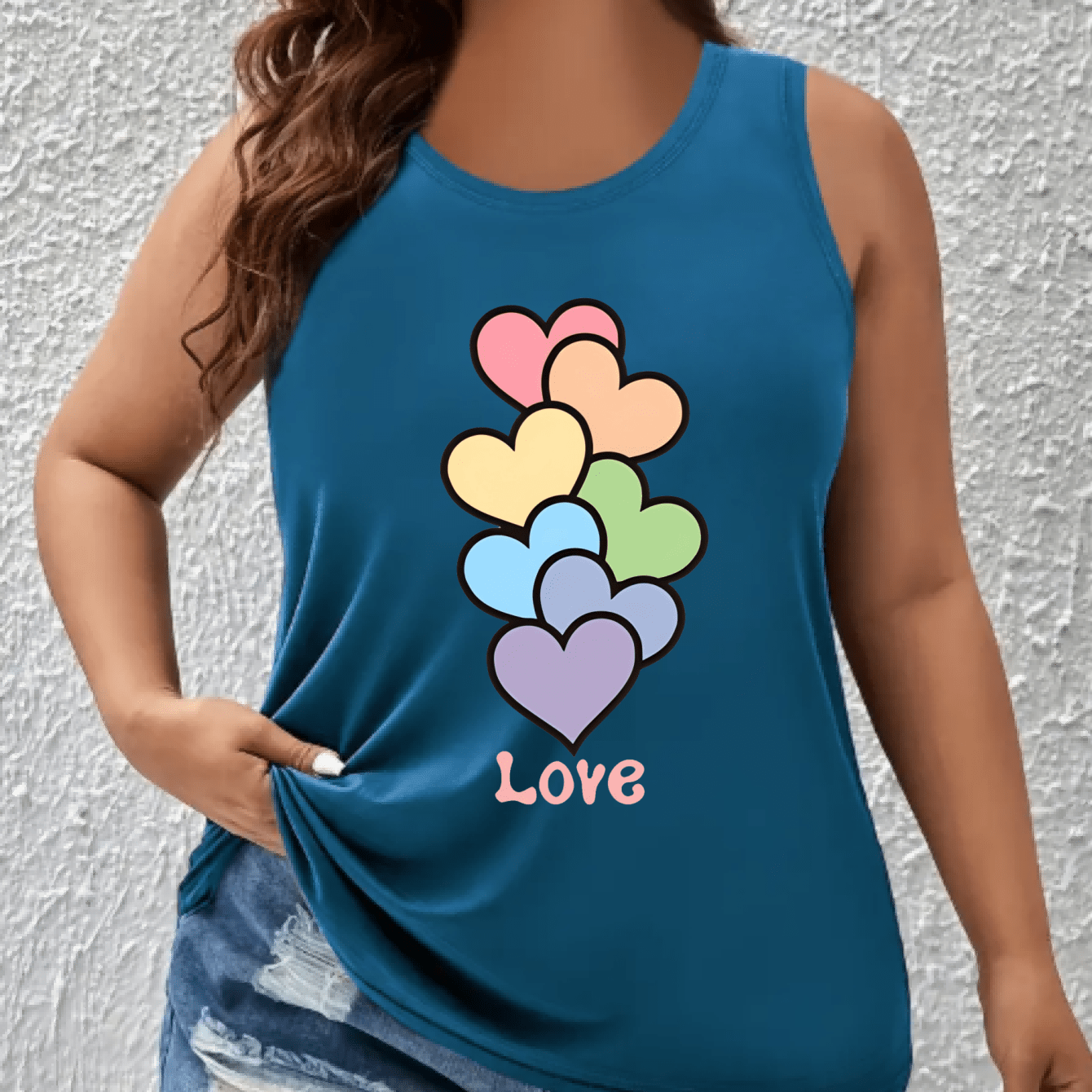 Plus Size Women's Tank Top with Heart Graphic Sleeveless Activewear Navy Blue