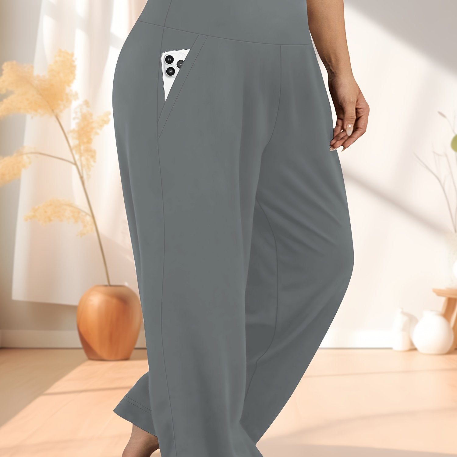 Pantalones de punto de talla grande de cintura alta y pierna ancha, casual, de poliéster, para todas las estaciones