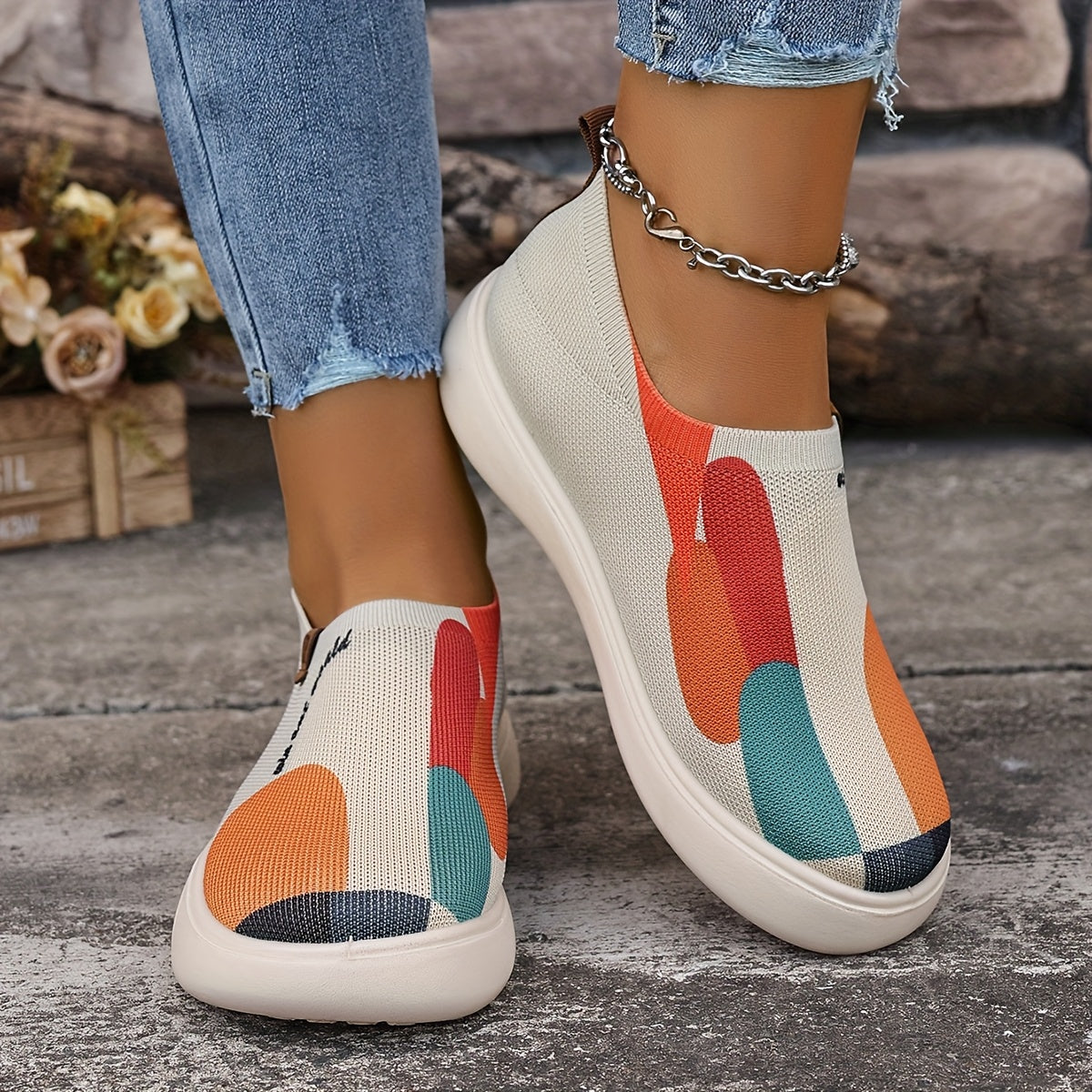Women's Slip-On Sneakers with Colorful Block Heel Casual Shoes