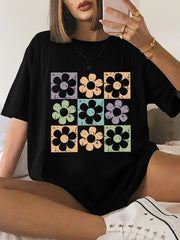 Plus Size Floral Print T-Shirt Short Sleeve Crew Neck Summer Women