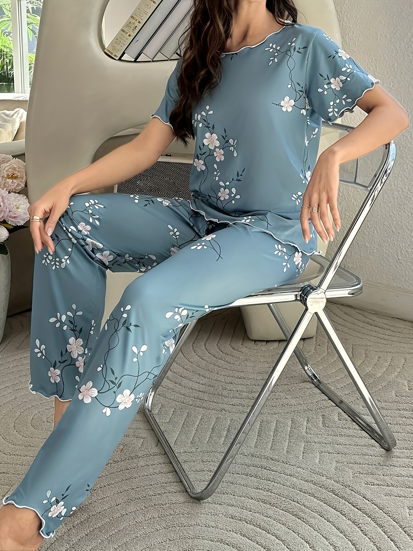 Women's Floral Sleepwear Set with Frill Trim Short Sleeve Top and Elastic Pants