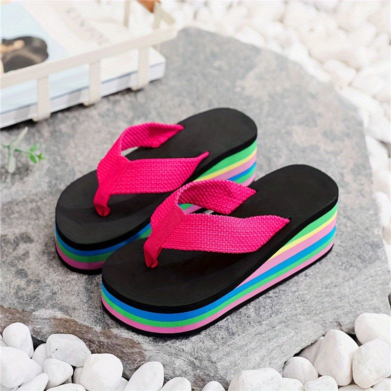 Women's Rainbow Sole Wedge Flip Flops Slip-On Platform Slide Shoes for Summer Beach Wear