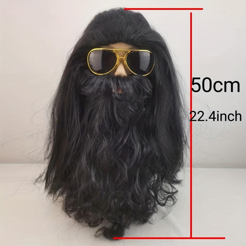 Set of 3 Men's Long Black Wigs and Beards for Halloween Caveman Costume