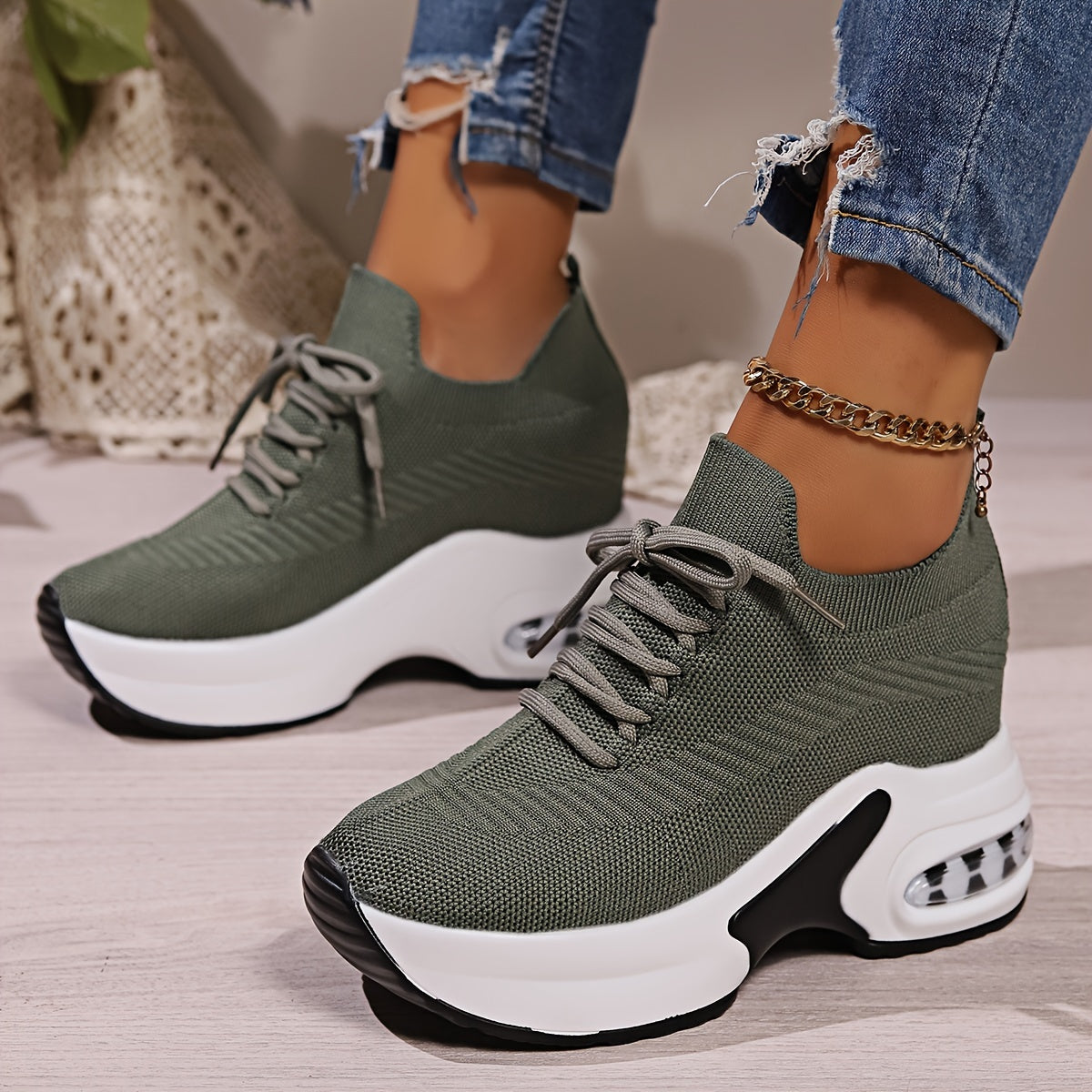 Women's Solid Color Knitted Sneakers, Lace-Up Platform Walking Shoes