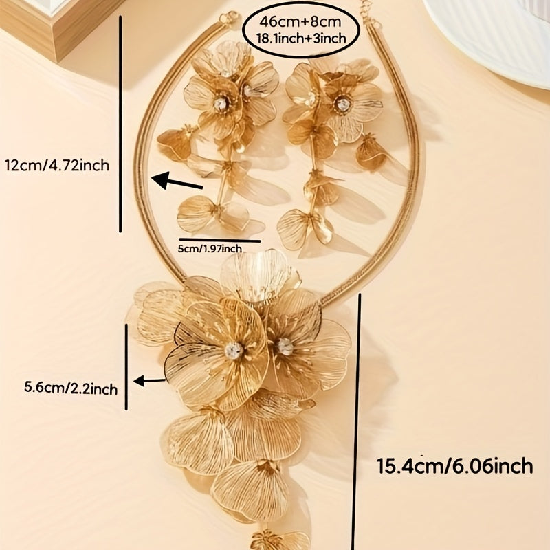 Flower Y-Necklace Set with Tassel Earrings Boho Chic 14K Gold Plated Copper Jewelry