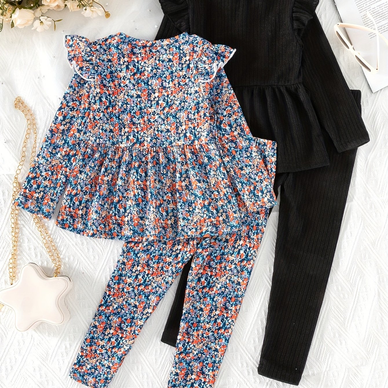 Girls Long Sleeve Peplum Top and Casual Pants Co-ords Set Floral Solid Spring Fall Outdoor Clothes