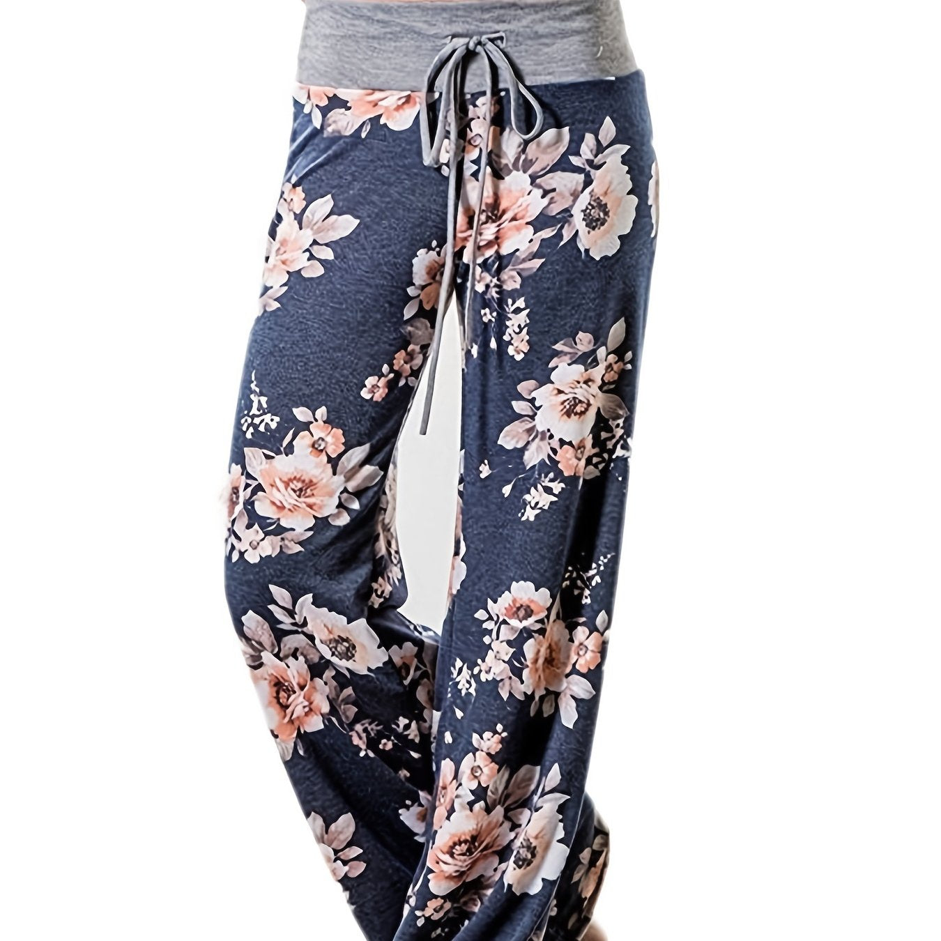 Women's Plus Size Floral Print Wide Leg Lounge Pants with Drawstring