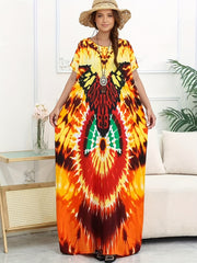 Plus Size Summer Round Neck Print Short Sleeve Dress Casual Beach Cover-Up