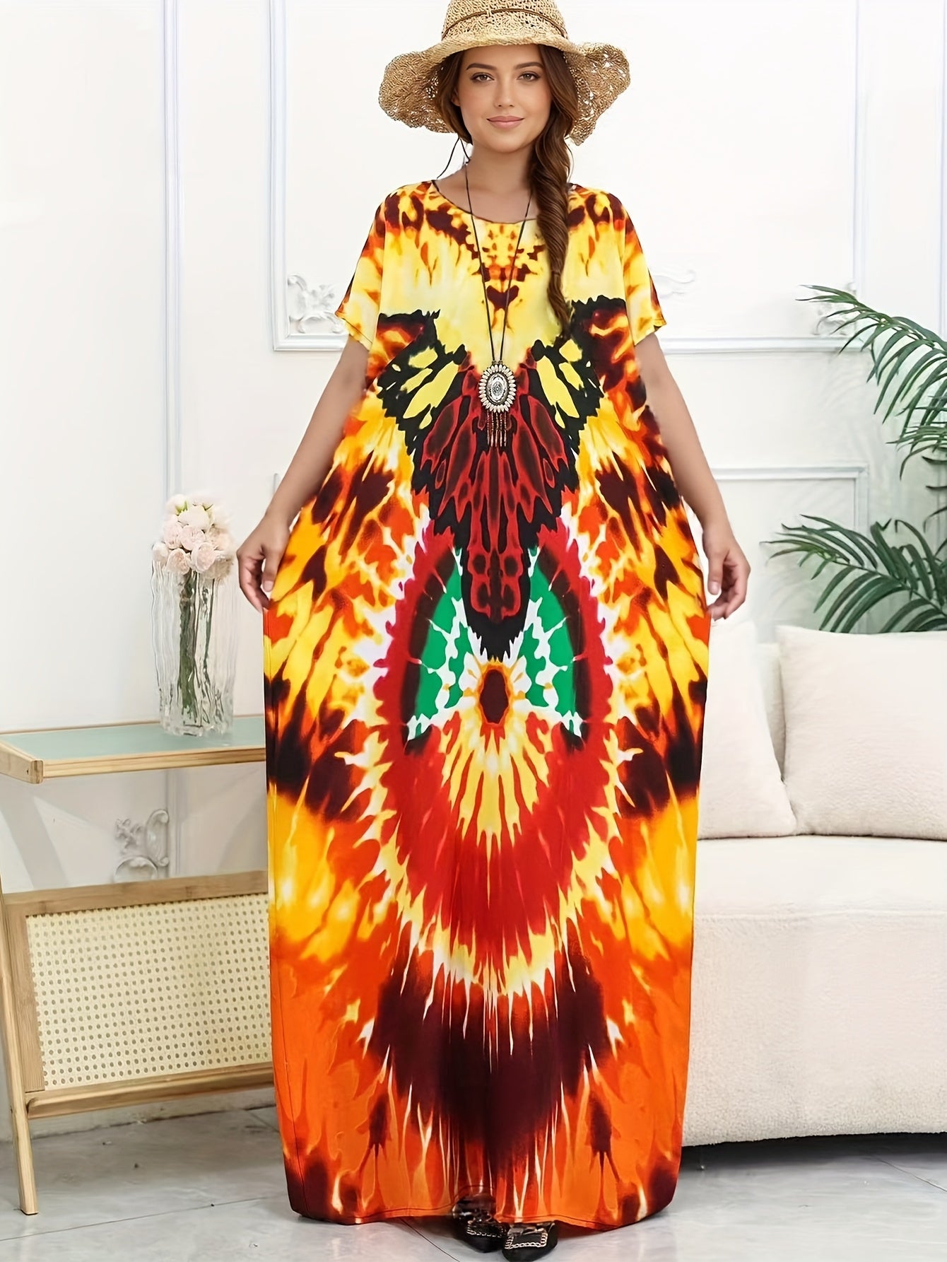 Plus Size Summer Round Neck Print Short Sleeve Dress Casual Beach Cover-Up