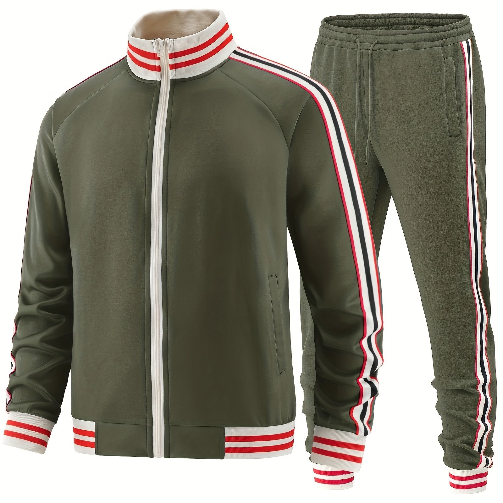 Conjunto de chándal casual para hombre de poliéster, azul marino con rayas beige, para otoño e invierno, actividades al aire libre