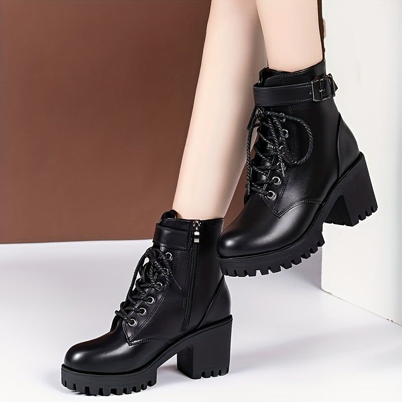 Women's Leather Chunky Heel Ankle Boots With Belt Buckle and Zipper