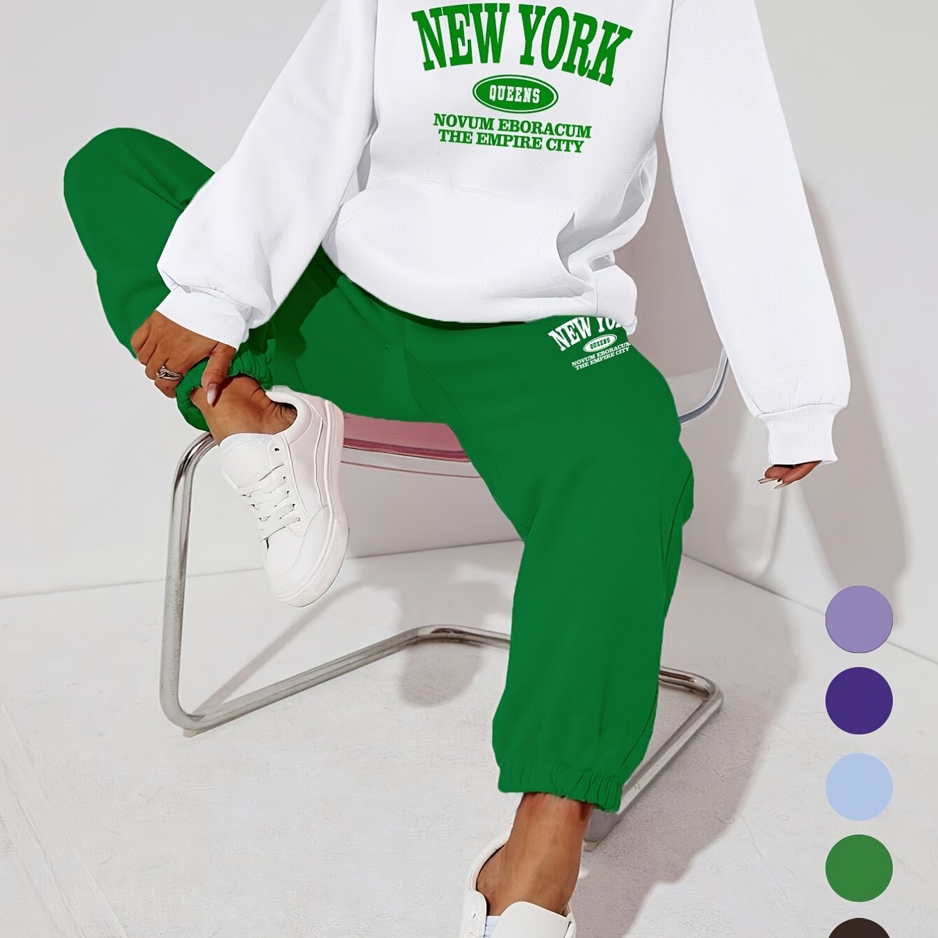 Women's Casual 2-Piece Set Long Sleeve Hooded Sweatshirt and Pants Alphabet Pattern Polyester Knit