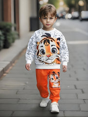 Kids' Tiger Print Sweatshirt Set Polyester Knit Spring Autumn Casual 2pcs