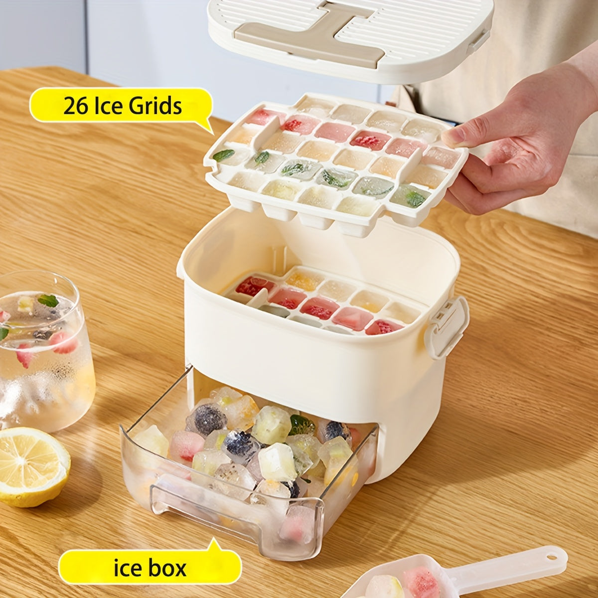 Hacedor de cubitos de hielo de plástico de grado alimentario compacto de 52 rejillas con cuchara y bandeja