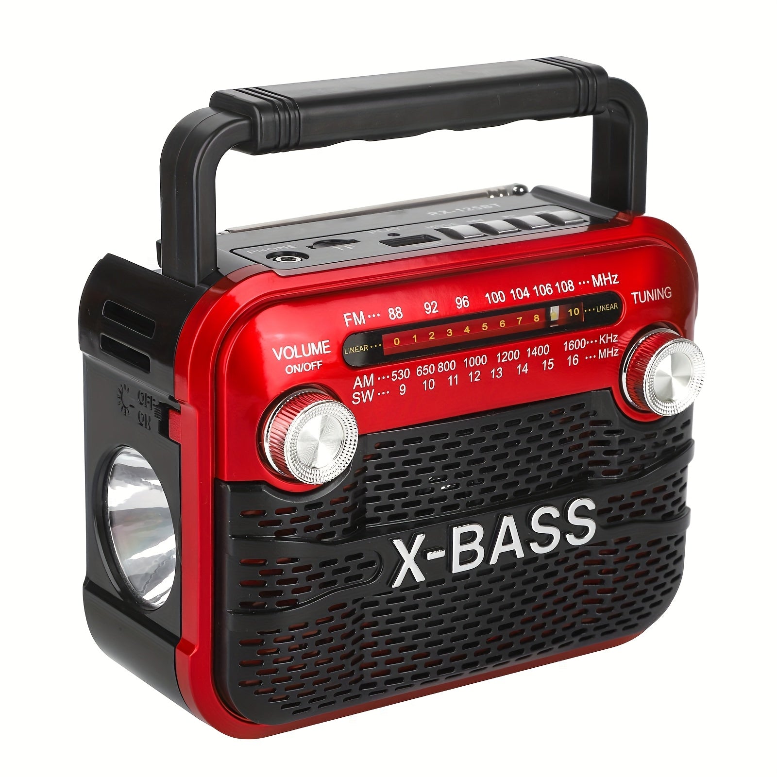 Portable FM Radio with Flashlight Rechargeable Battery USB TF BT Multi-Band Indoor Outdoor Red Black