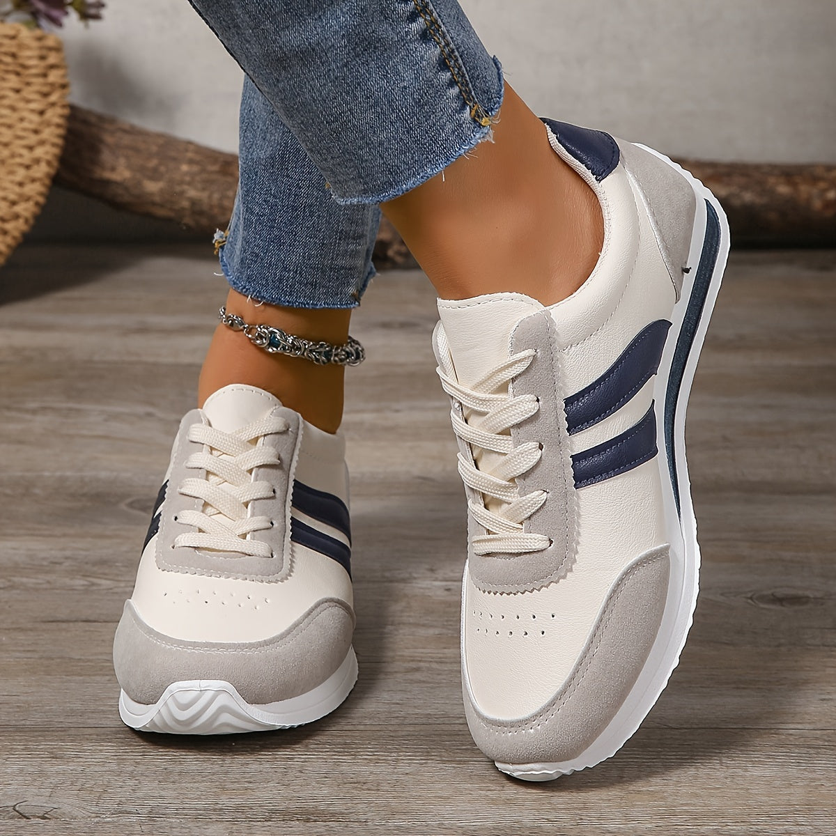 Women's Lightweight Low-Top Sneakers White Navy Red Casual Running Walking
