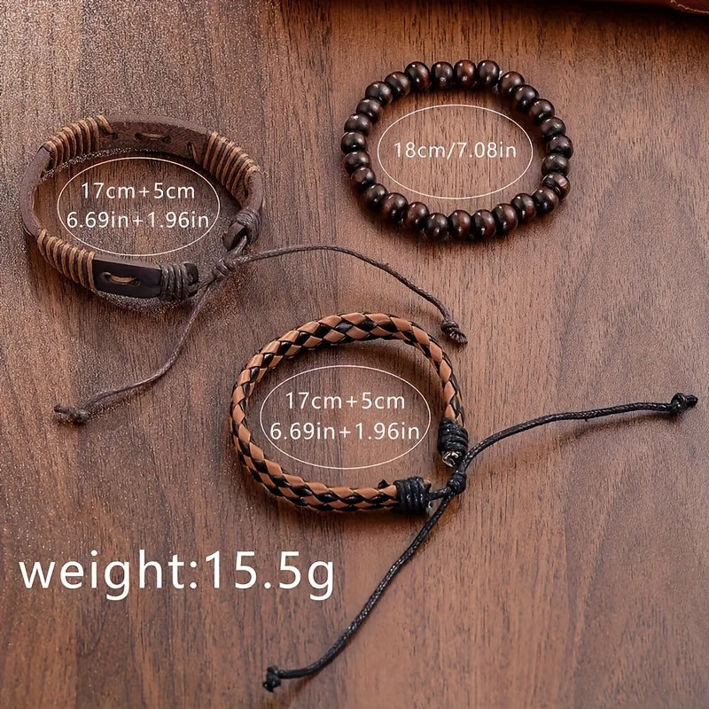 Men's Brown Faux Leather Quartz Watch and Bracelet Set with Date Display Not Waterproof Gift for Valentine's Day Easter Ramadan Eid Al-Adha